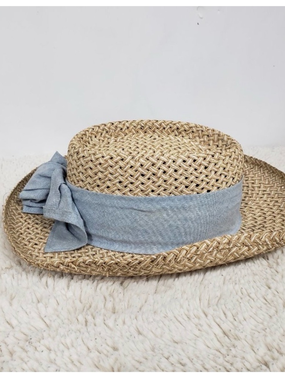Natural Straw Boater Hat with Light Blue Band - Picture 3 of 9